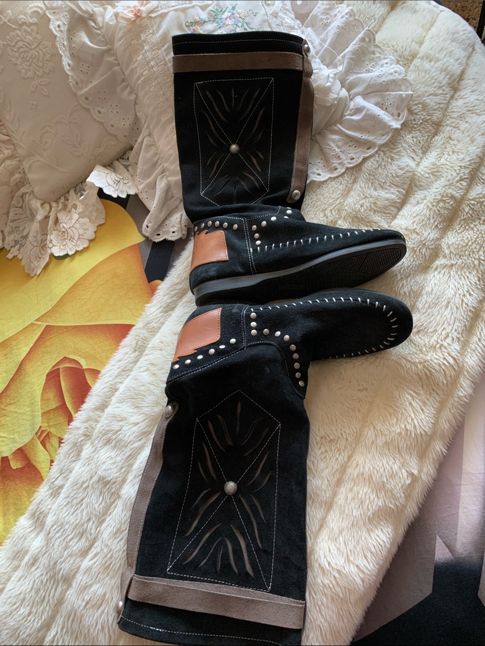 Vtg Italian genuine suede leather fancy moccasins boots 10